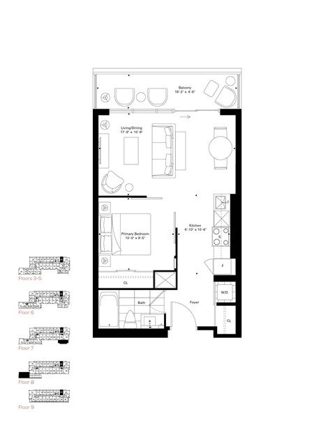 Floor plan for 1 bed, 1 bath, 539 sqft